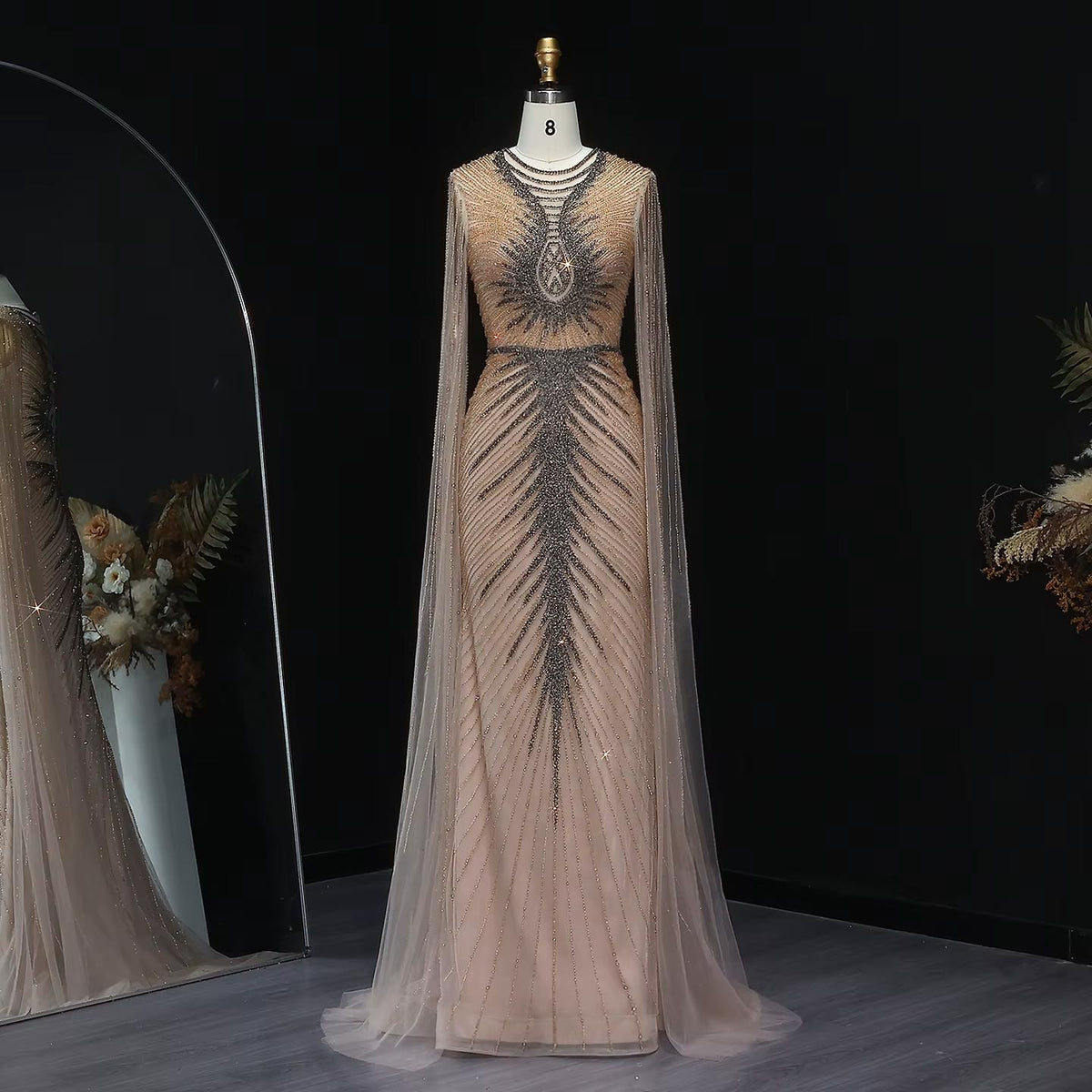 Turquoise Beaded Mermaid Evening Dress with Cape Sleeves SS028