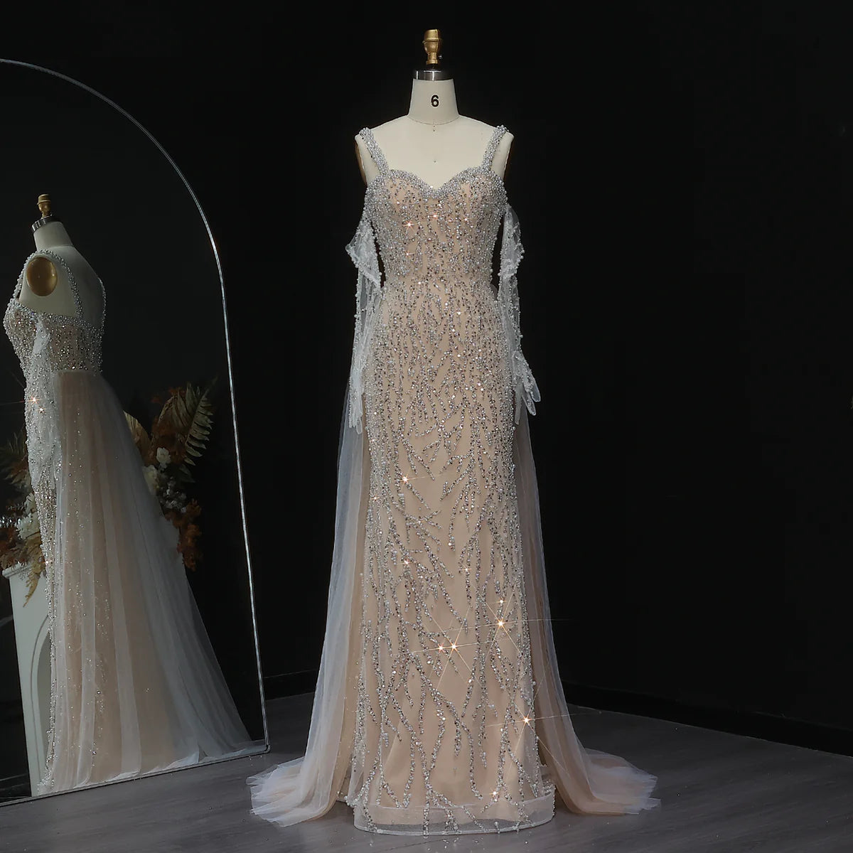 Luxury Sparkling Nude Beaded Evening Dress with Flowing Overskirt SS634