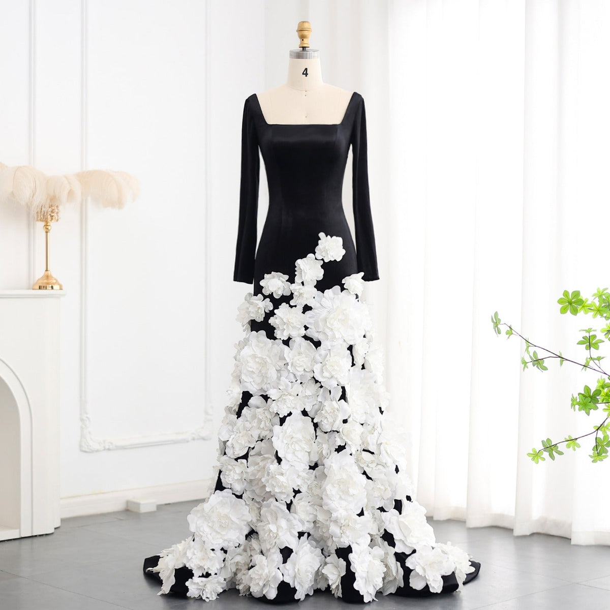 Chic 3D Flowers Black Velvet Mermaid Evening Dresses with Gloves Strapless Arabic Women Wedding Party Gowns SS248