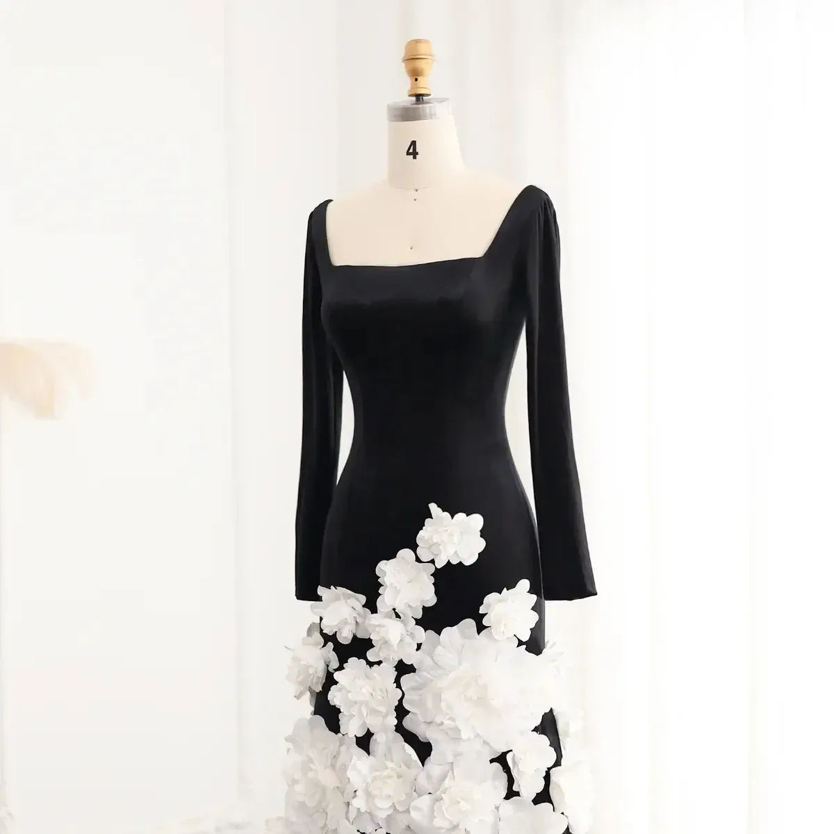 Chic 3D Flowers Black Velvet Mermaid Evening Dresses with Gloves Strapless Arabic Women Wedding Party Gowns SS248