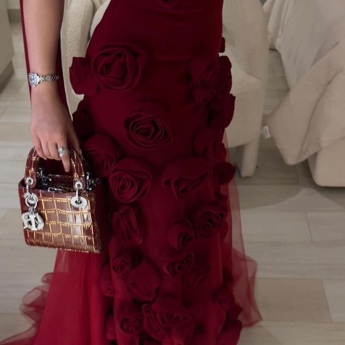 Chic Pink 3D Flowers Strapless Mermaid Evening Dress Side Slit SF009