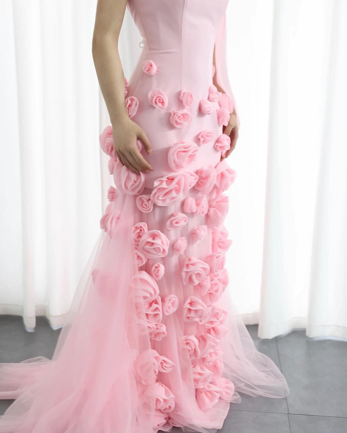 Chic Pink 3D Flowers Strapless Mermaid Evening Dress Side Slit SF009
