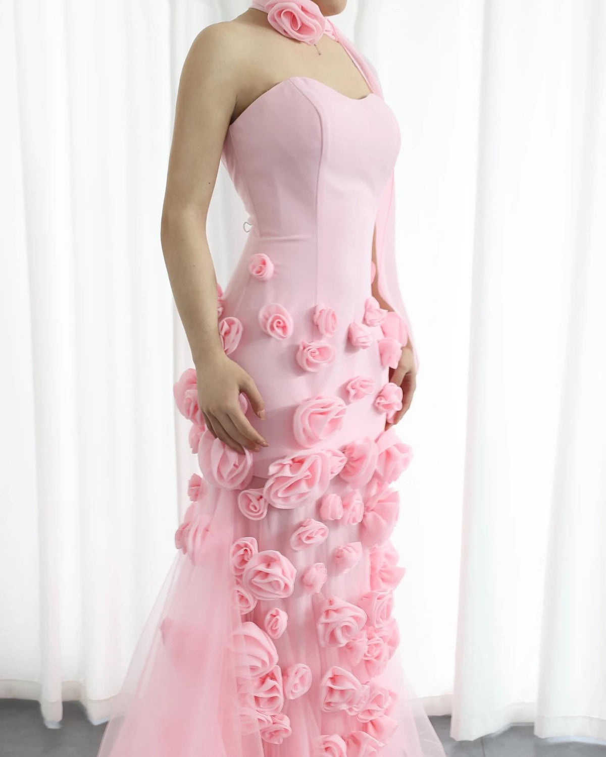 Chic Pink 3D Flowers Strapless Mermaid Evening Dress Side Slit SF009