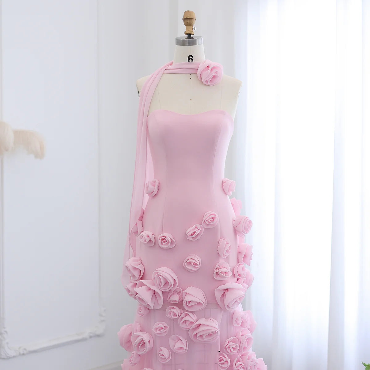 Chic Pink 3D Flowers Strapless Mermaid Evening Dress Side Slit SF009
