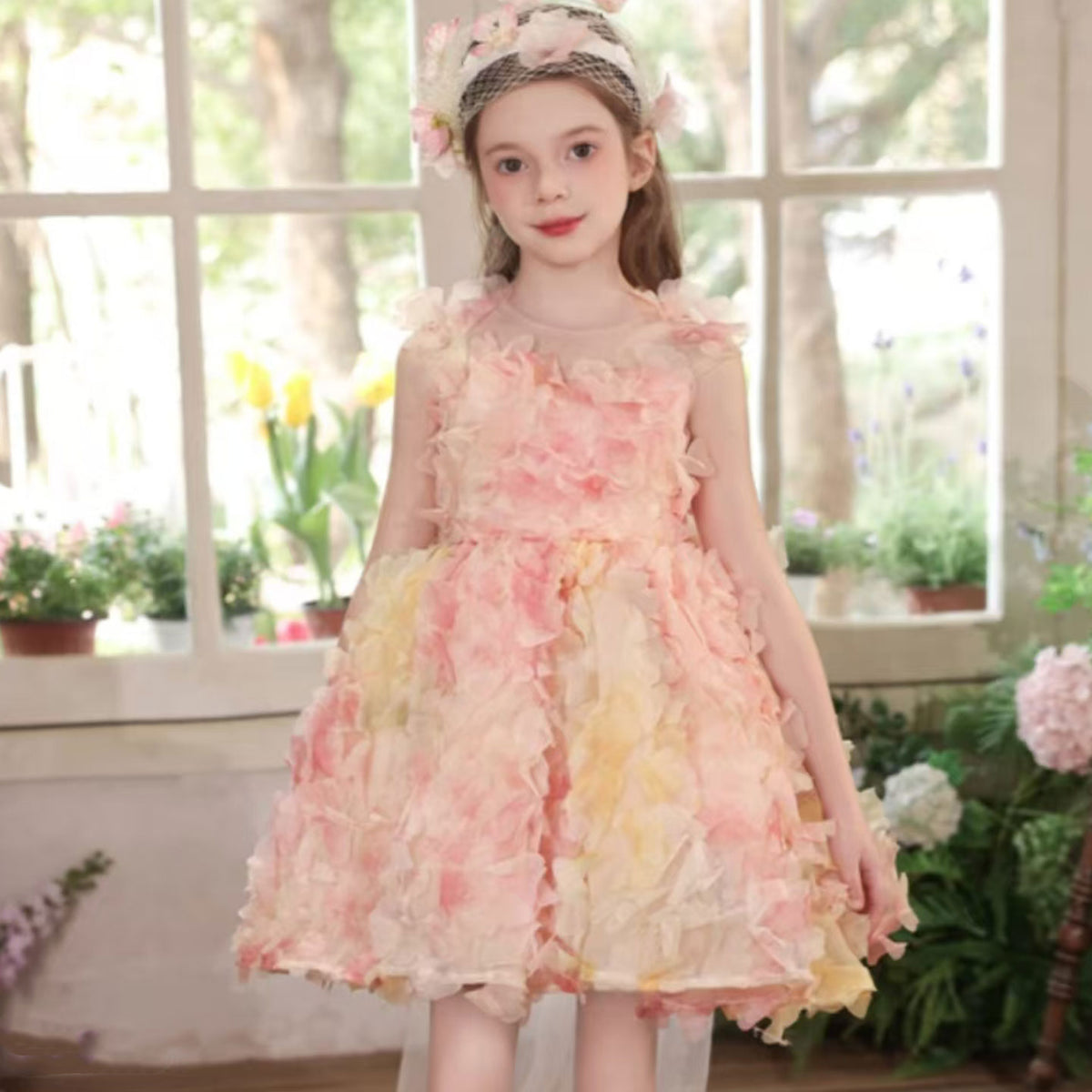Applique Flower-adorned Baby Girl Dress Tulle Sleeveless J452