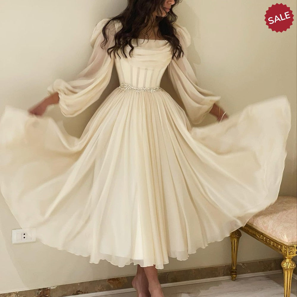 Dubai Beige Short Midi Arabic Evening Dress with Belt Long Sleeves Tea Length Women Formal Wedding Party Gowns SS393