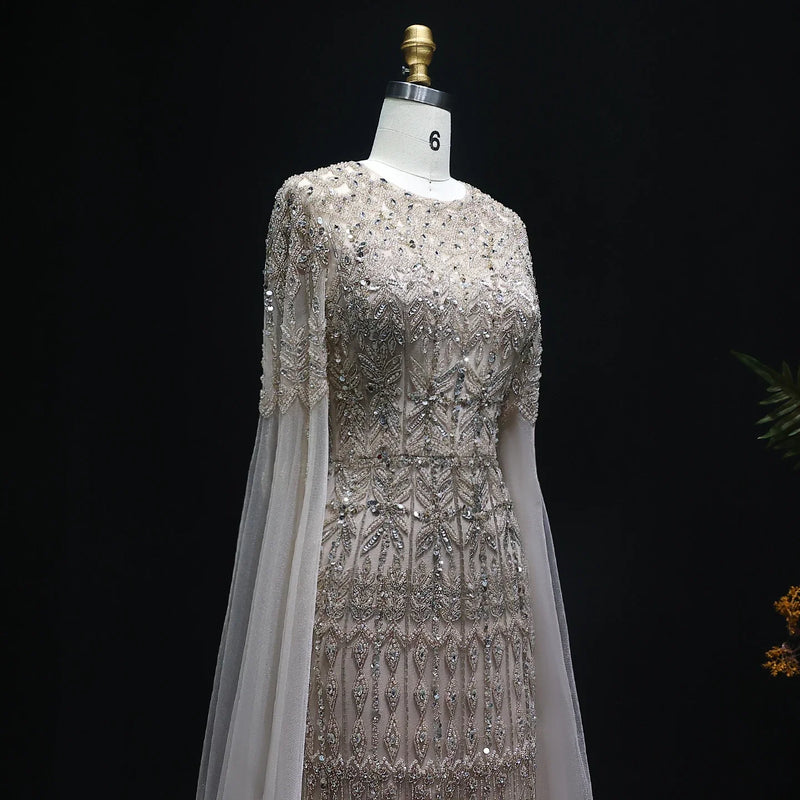Dubai Caramel Mermaid Evening Dresses with Cape Sleeves SS044