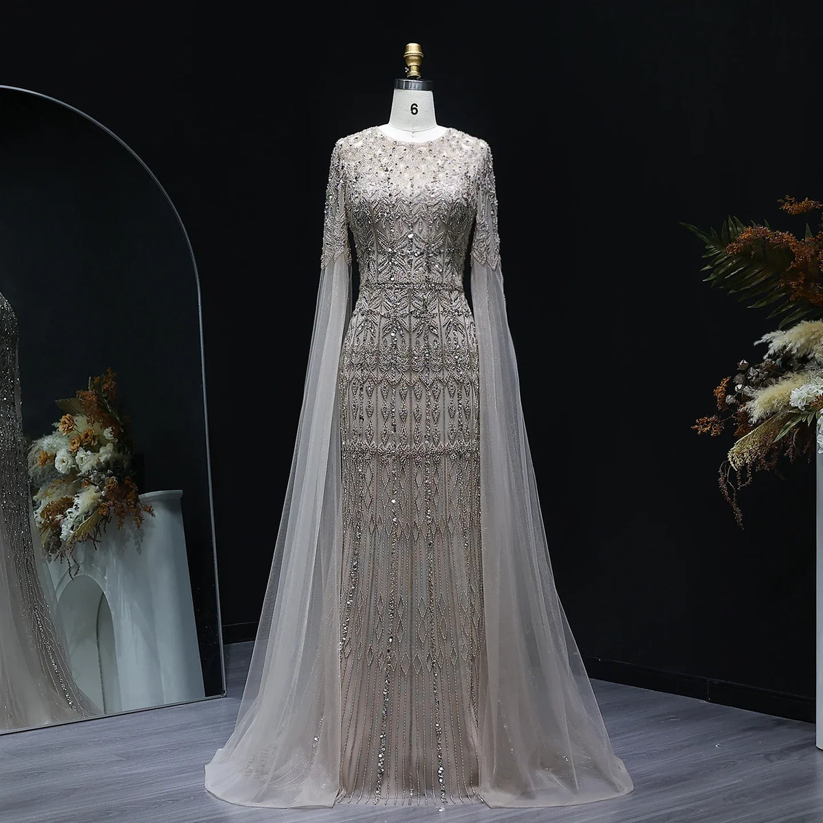 Dubai Caramel Mermaid Evening Dresses with Cape Sleeves SS044
