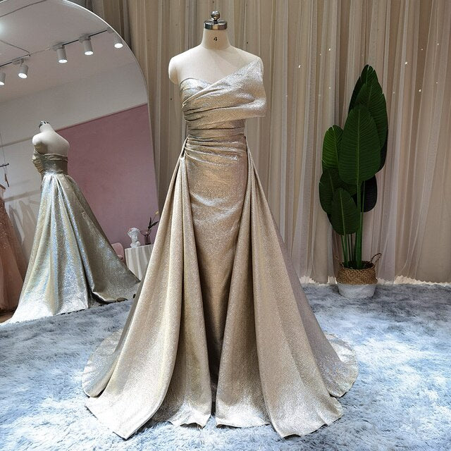 Dubai Gold Mermaid Evening Dress with Overskirt Luxury Long Prom Formal Dresses Black Wedding Party Gowns SS297