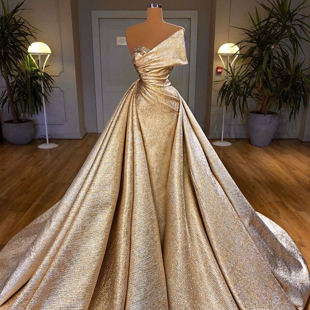 Dubai Gold Mermaid Evening Dress with Overskirt Luxury Long Prom Formal Dresses Black Wedding Party Gowns SS297