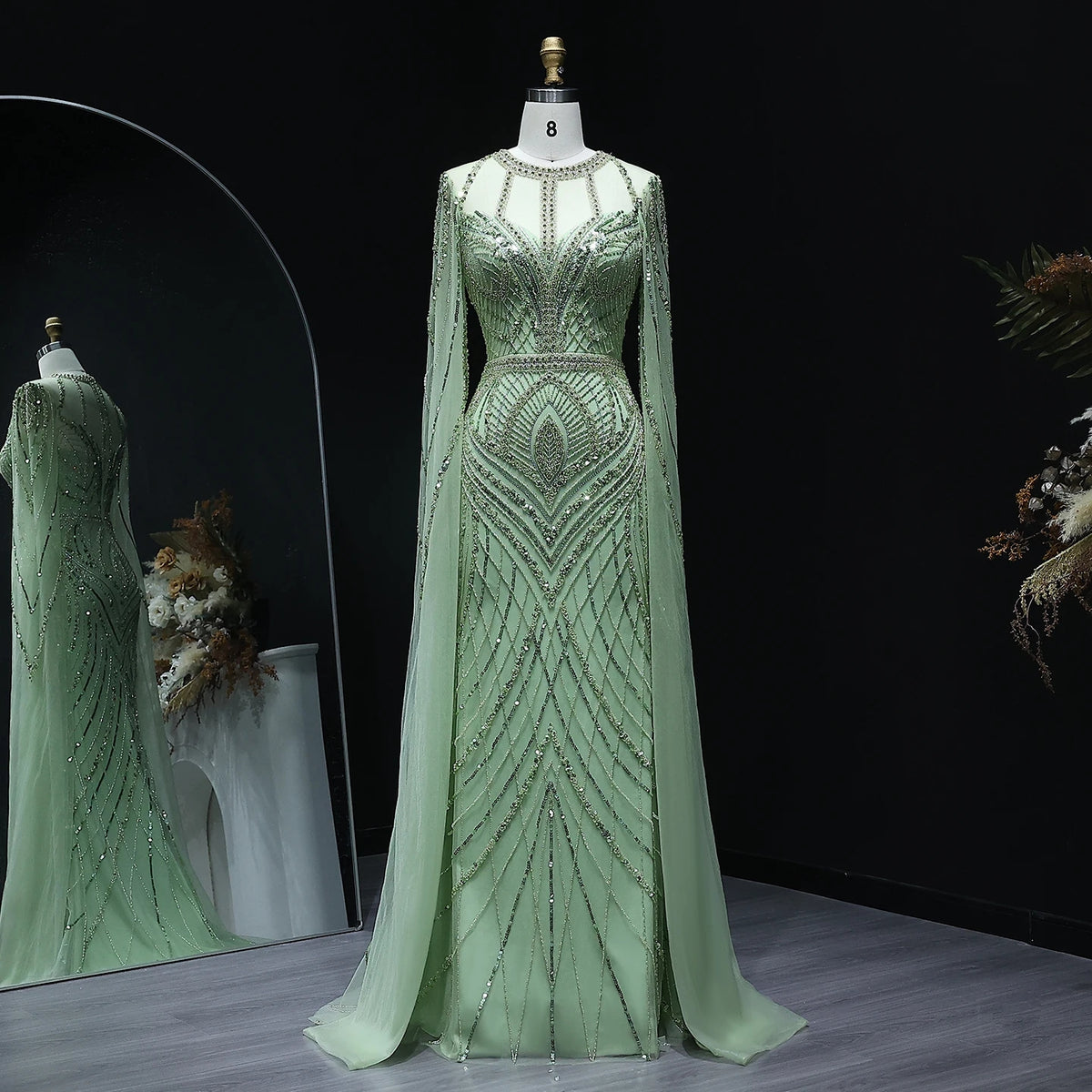 Dubai Green Mermaid Evening Dress with Cape Sleeves SS042