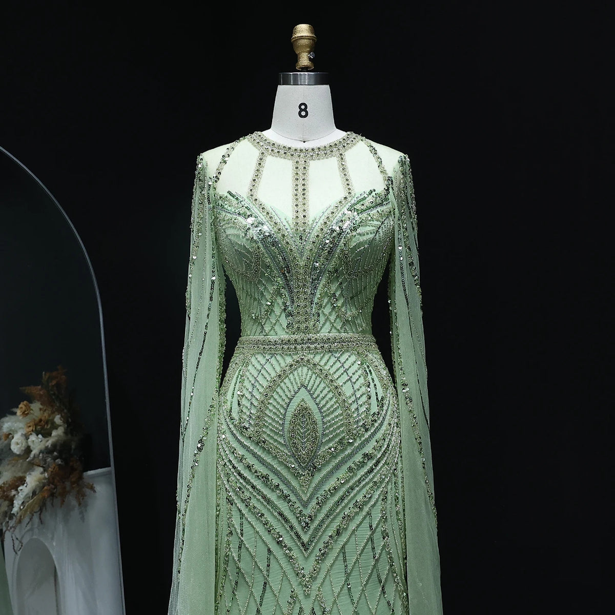 Dubai Green Mermaid Evening Dress with Cape Sleeves SS042