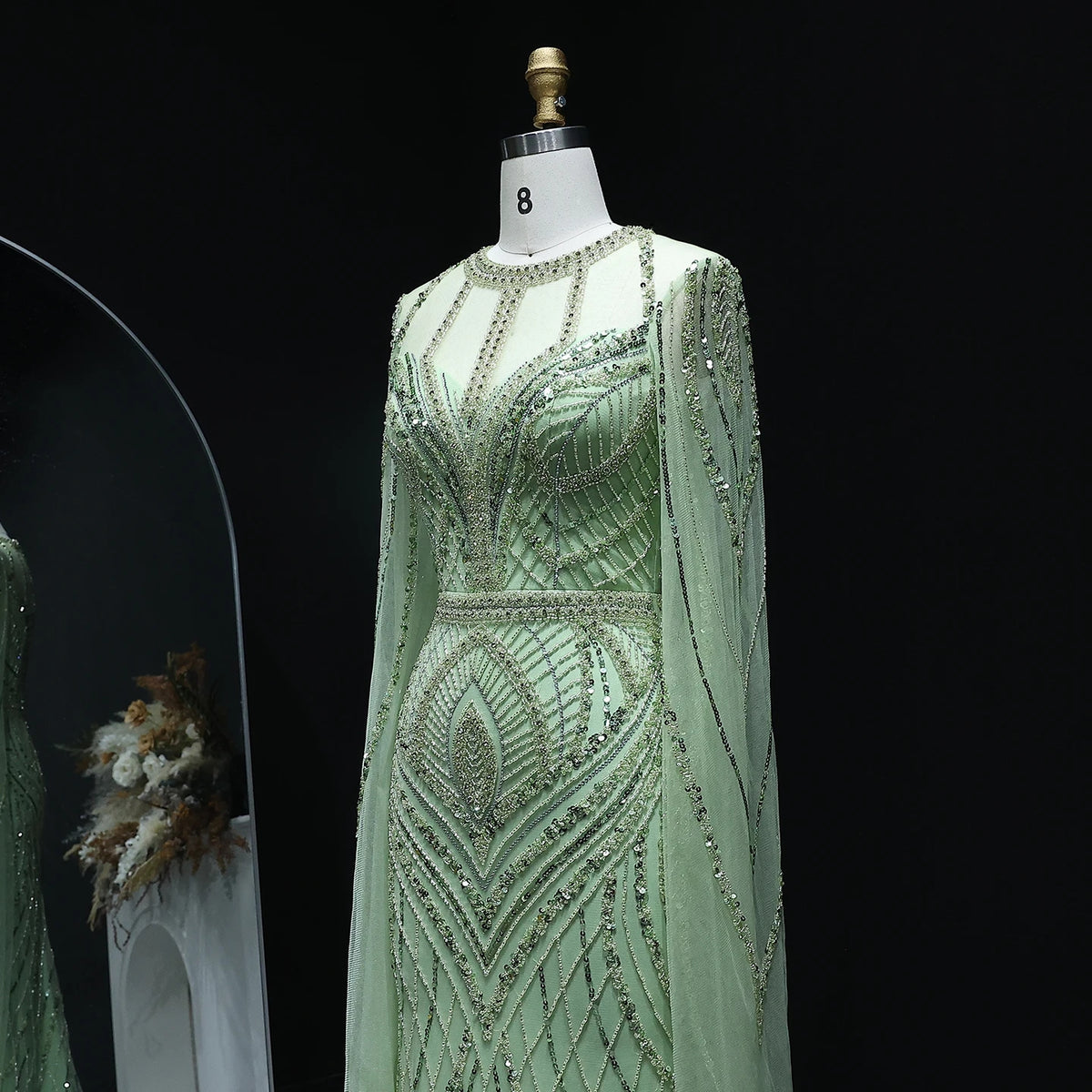 Dubai Green Mermaid Evening Dress with Cape Sleeves SS042