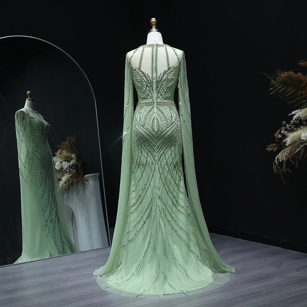 Dubai Green Mermaid Evening Dress with Cape Sleeves SS042