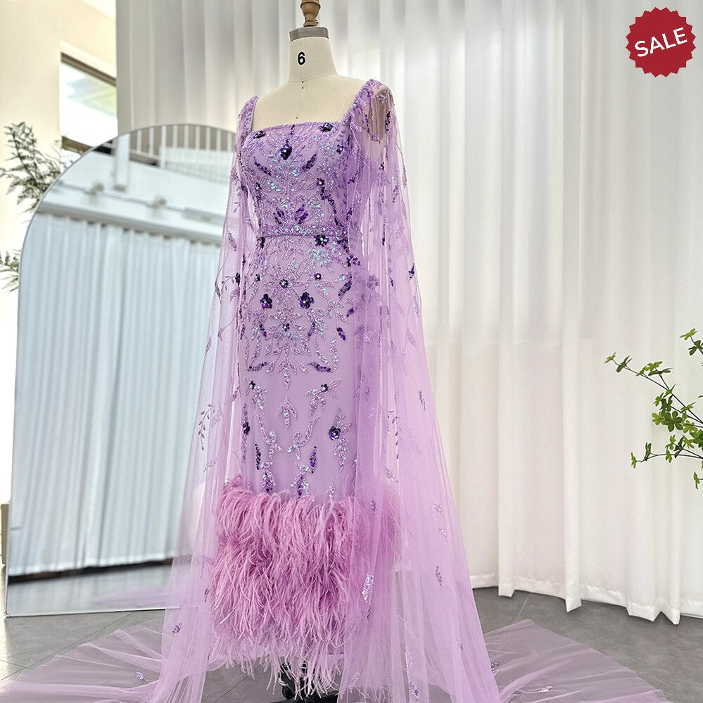 Dubai Luxury Feathers Lilac Evening Dress with Cape Sleeves Ankle Length Midi Arabic Women Wedding Party Gowns SS381