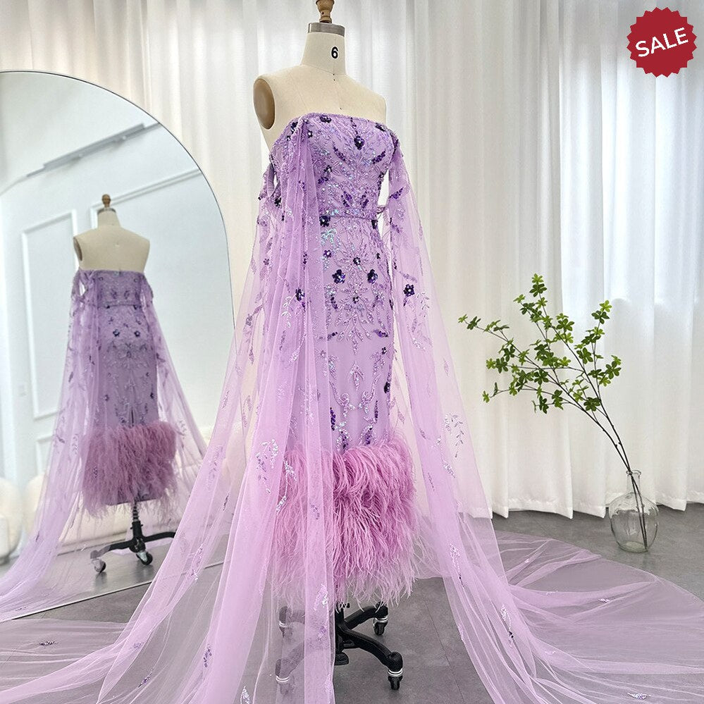Dubai Luxury Feathers Lilac Evening Dress with Cape Sleeves Ankle Length Midi Arabic Women Wedding Party Gowns SS381
