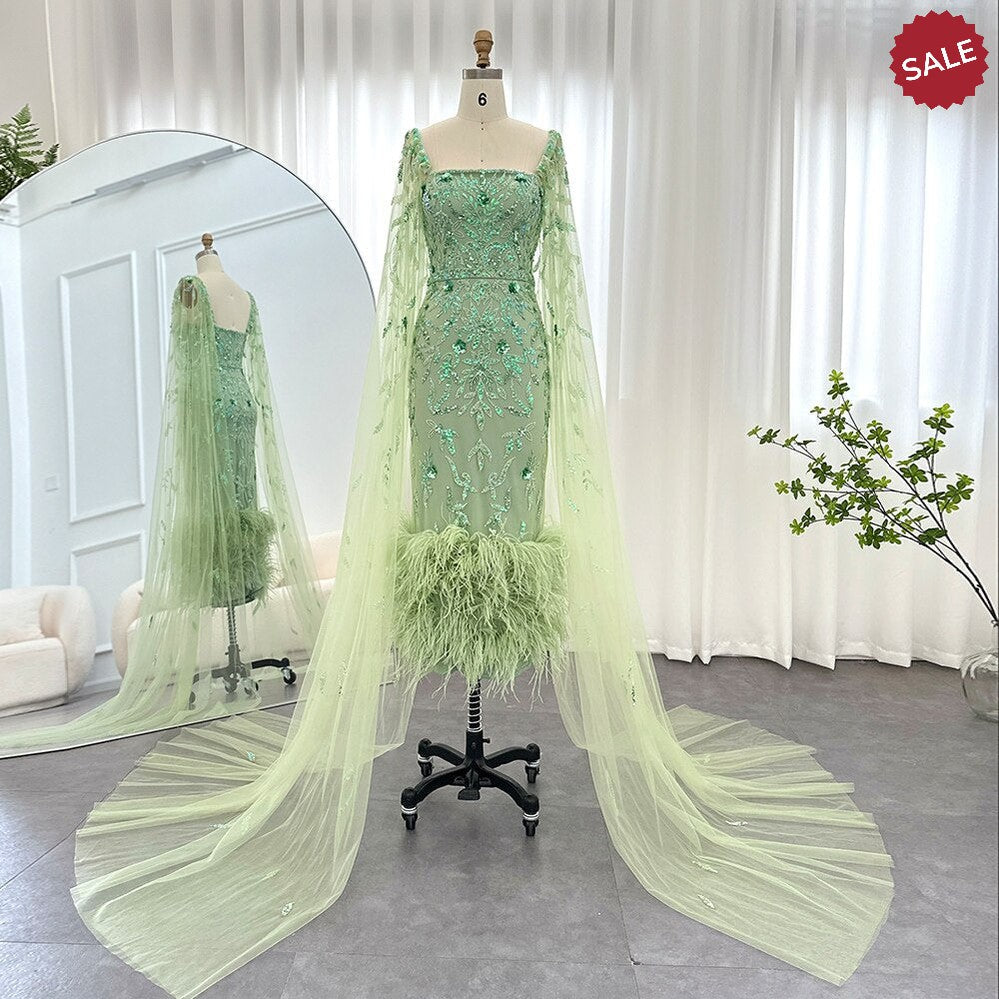 Dubai Luxury Feathers Lilac Evening Dress with Cape Sleeves Ankle Length Midi Arabic Women Wedding Party Gowns SS381