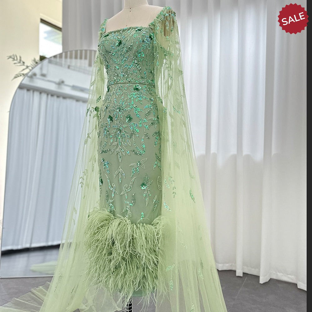 Dubai Luxury Feathers Lilac Evening Dress with Cape Sleeves Ankle Length Midi Arabic Women Wedding Party Gowns SS381
