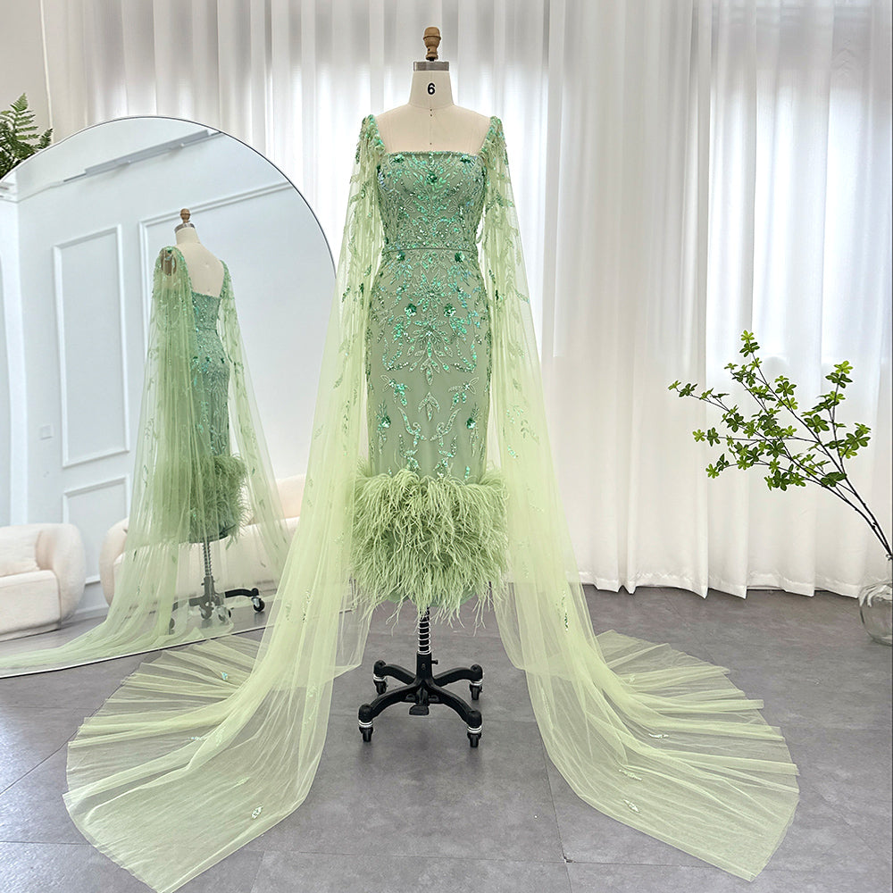 Dubai Luxury Feathers Lilac Evening Dress with Cape Sleeves Ankle Length Midi Arabic Women Wedding Party Gowns SS381