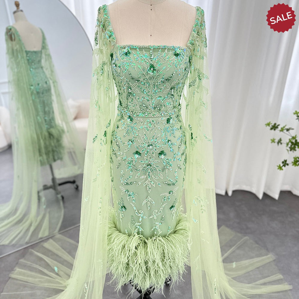 Dubai Luxury Feathers Lilac Evening Dress with Cape Sleeves Ankle Length Midi Arabic Women Wedding Party Gowns SS381