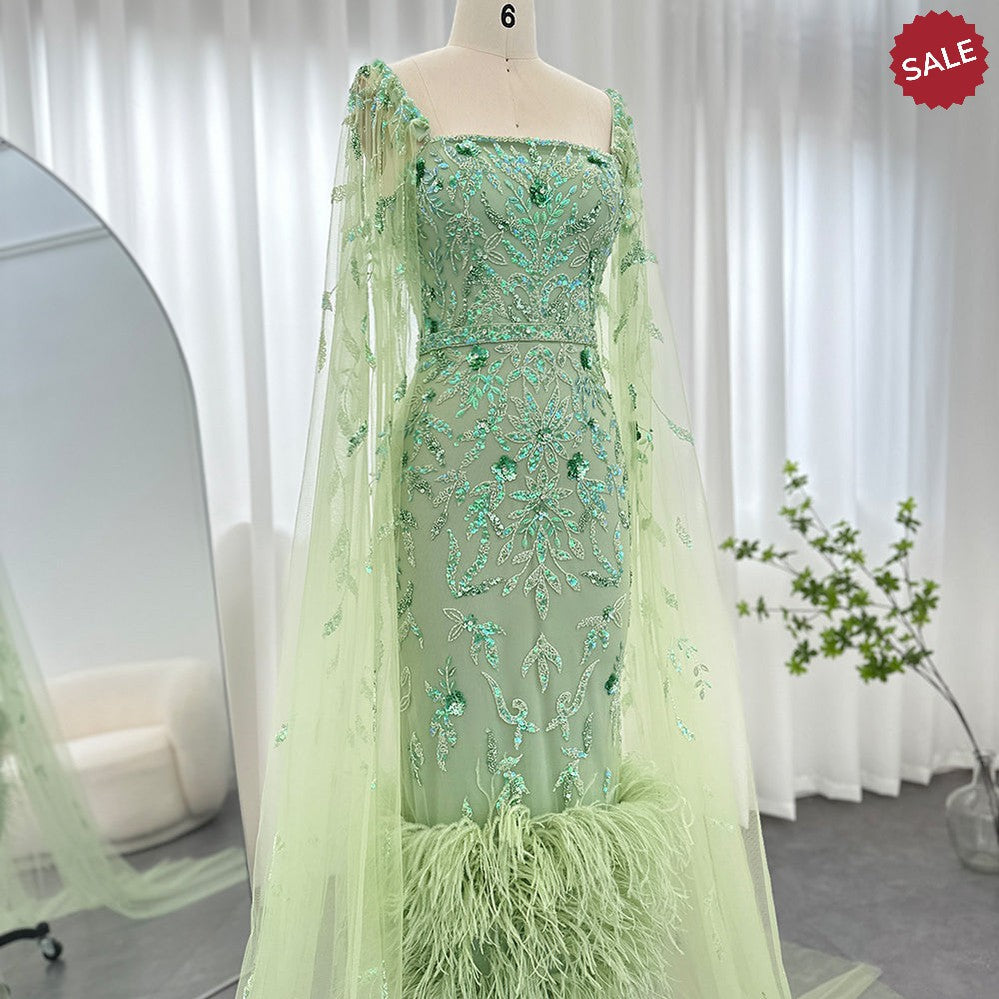Dubai Luxury Feathers Lilac Evening Dress with Cape Sleeves Ankle Length Midi Arabic Women Wedding Party Gowns SS381