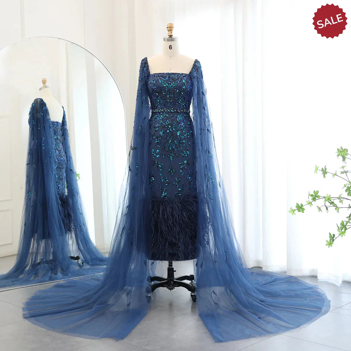 Dubai Luxury Feathers Lilac Evening Dress with Cape Sleeves Ankle Length Midi Arabic Women Wedding Party Gowns SS381