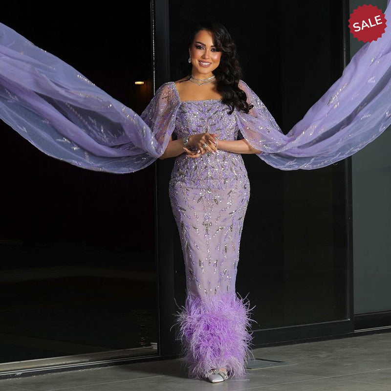 Dubai Luxury Feathers Lilac Evening Dress with Cape Sleeves Ankle Length Midi Arabic Women Wedding Party Gowns SS381
