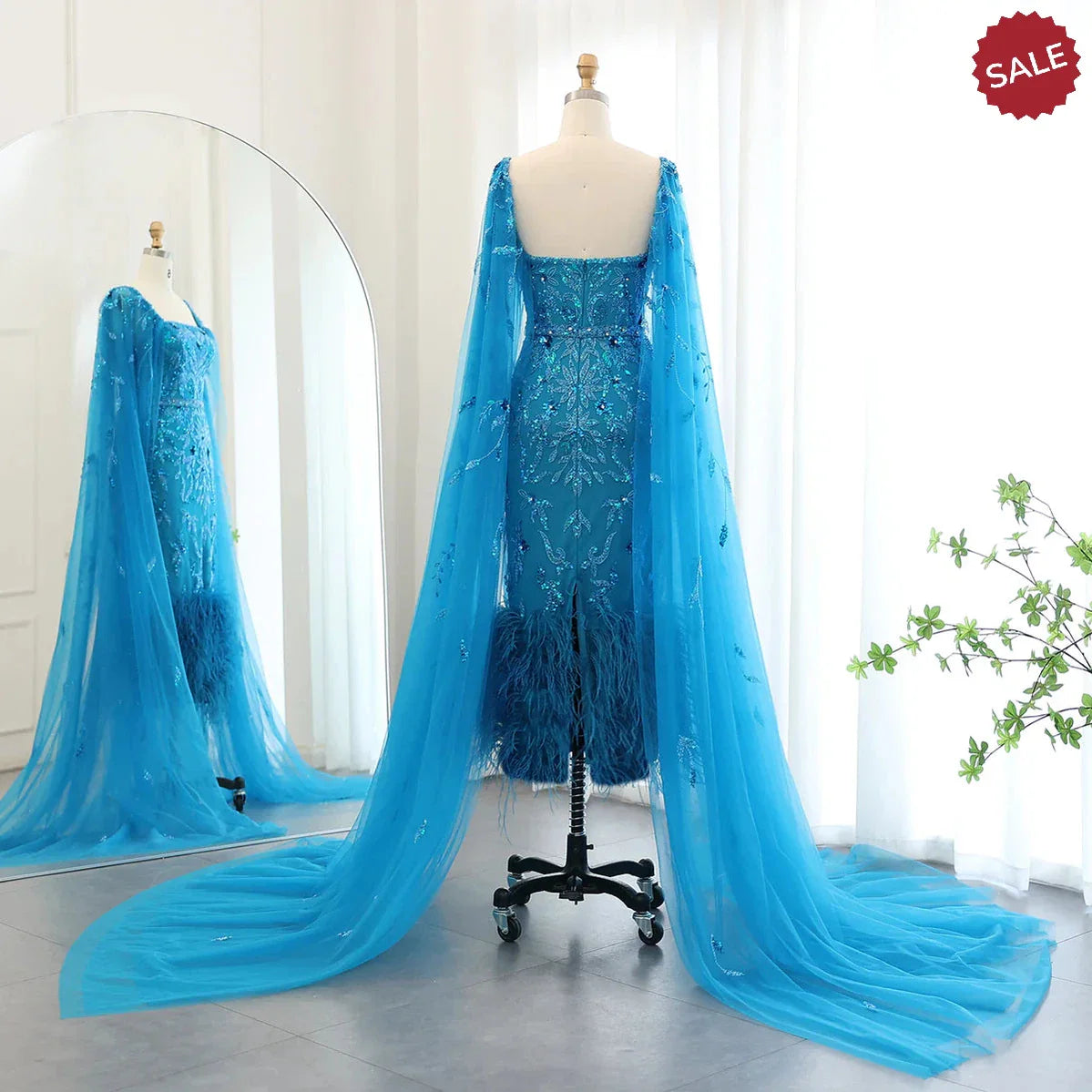 Dubai Luxury Feathers Lilac Evening Dress with Cape Sleeves Ankle Length Midi Arabic Women Wedding Party Gowns SS381