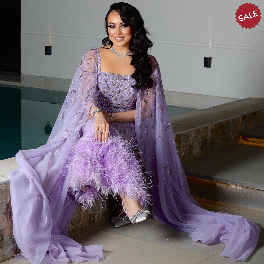 Dubai Luxury Feathers Lilac Evening Dress with Cape Sleeves Ankle Length Midi Arabic Women Wedding Party Gowns SS381