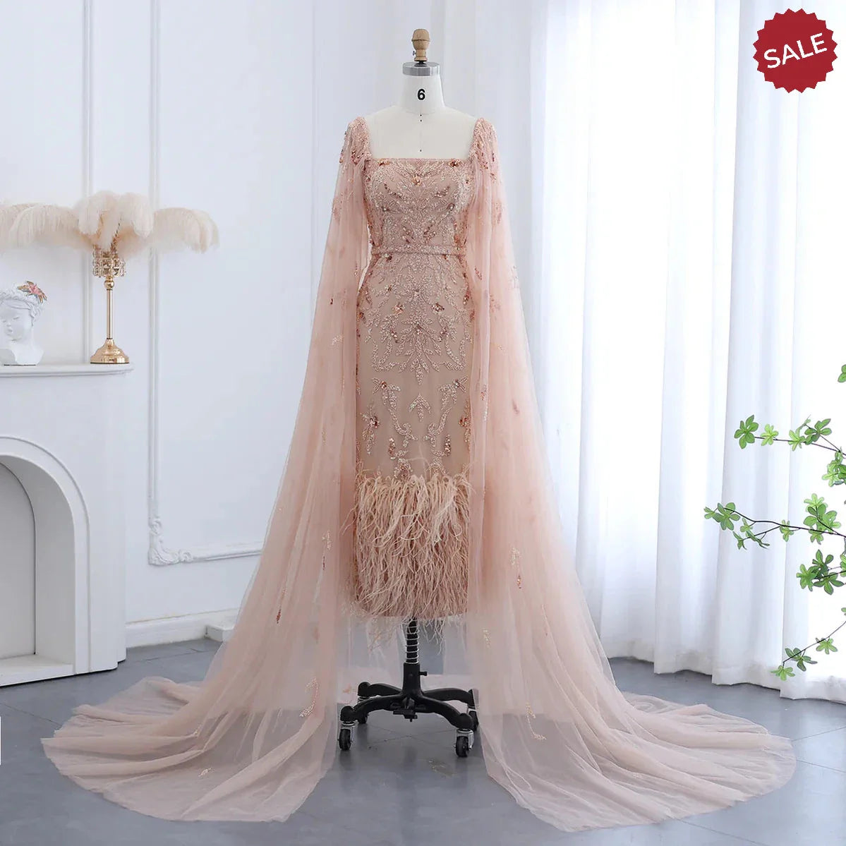 Dubai Luxury Feathers Lilac Evening Dress with Cape Sleeves Ankle Length Midi Arabic Women Wedding Party Gowns SS381