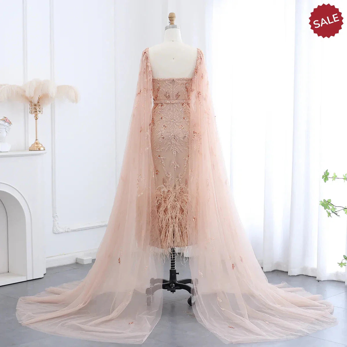 Dubai Luxury Feathers Lilac Evening Dress with Cape Sleeves Ankle Length Midi Arabic Women Wedding Party Gowns SS381