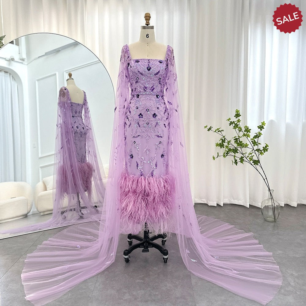 Dubai Luxury Feathers Lilac Evening Dress with Cape Sleeves Ankle Length Midi Arabic Women Wedding Party Gowns SS381