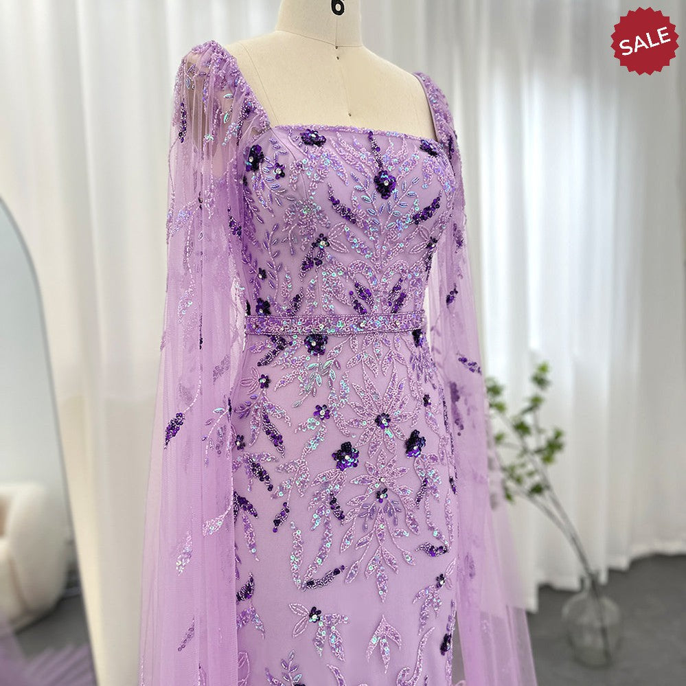 Dubai Luxury Feathers Lilac Evening Dress with Cape Sleeves Ankle Length Midi Arabic Women Wedding Party Gowns SS381