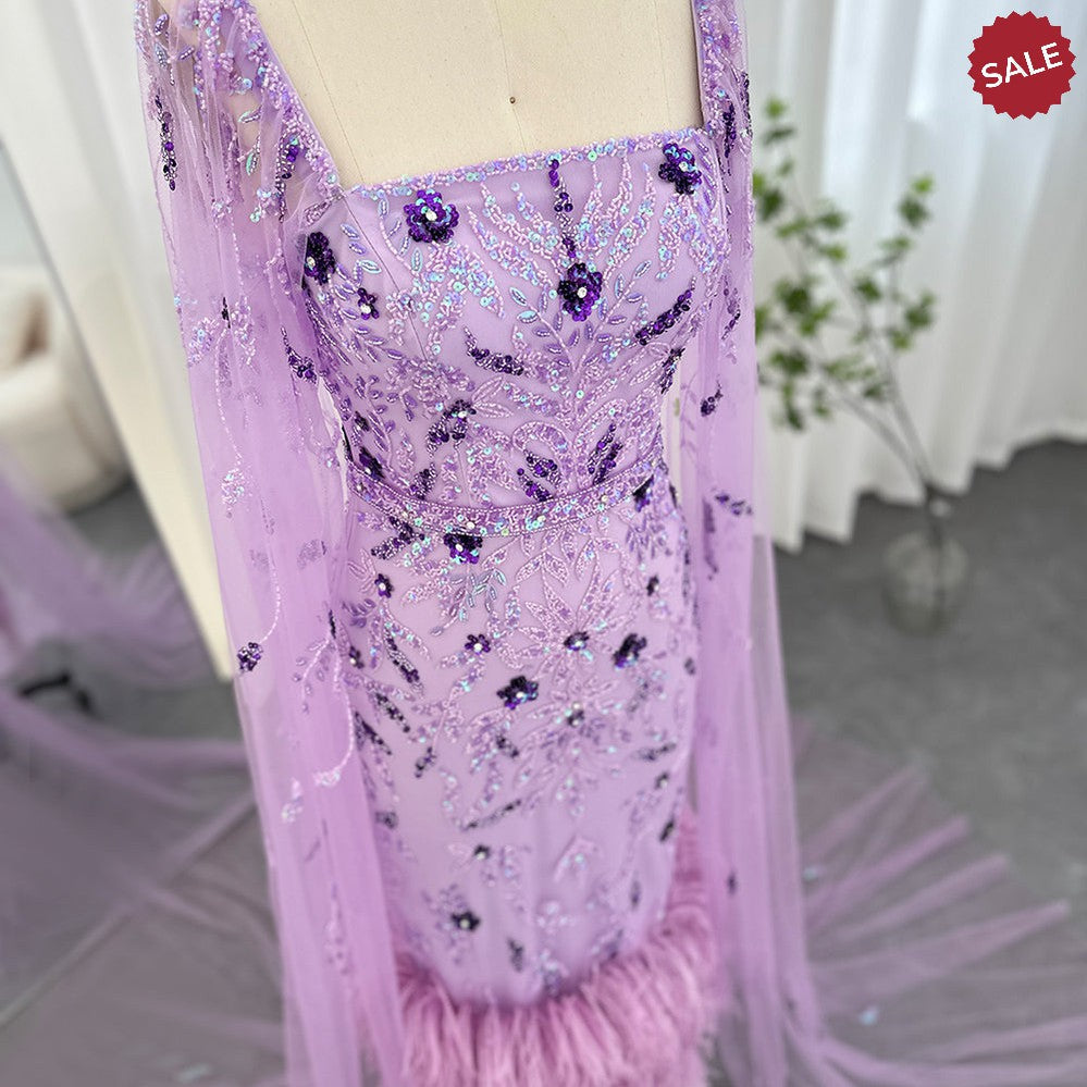 Dubai Luxury Feathers Lilac Evening Dress with Cape Sleeves Ankle Length Midi Arabic Women Wedding Party Gowns SS381
