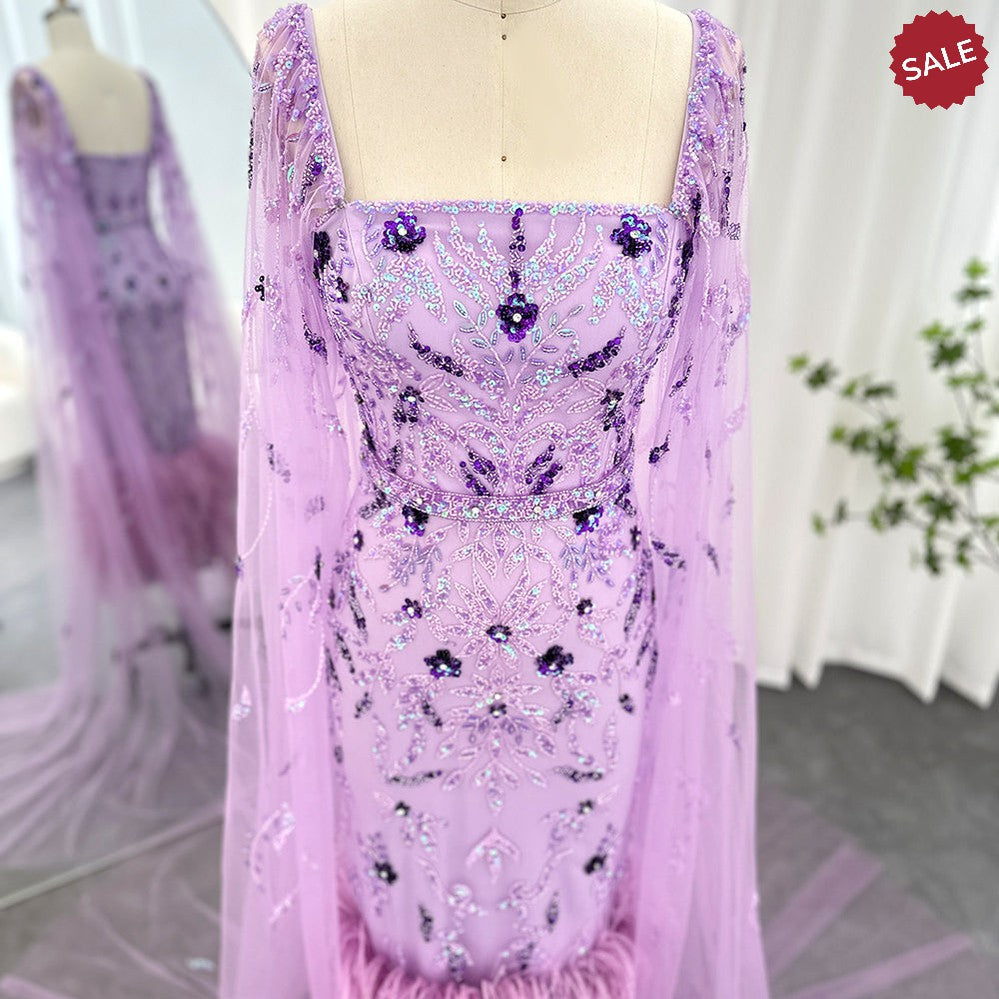Dubai Luxury Feathers Lilac Evening Dress with Cape Sleeves Ankle Length Midi Arabic Women Wedding Party Gowns SS381