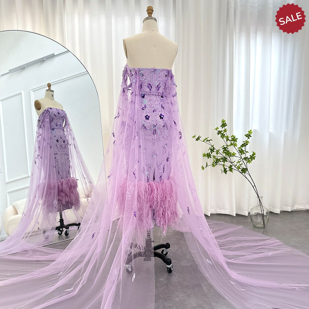 Dubai Luxury Feathers Lilac Evening Dress with Cape Sleeves Ankle Length Midi Arabic Women Wedding Party Gowns SS381