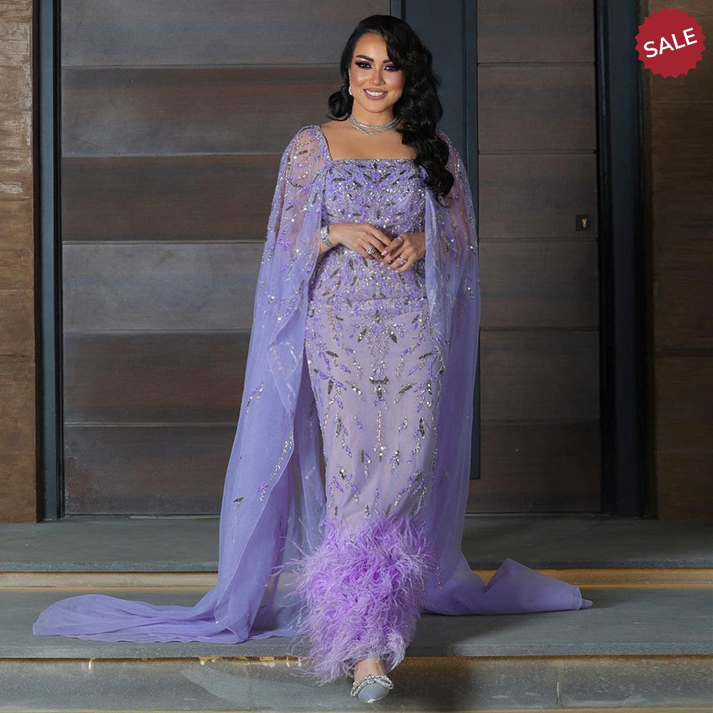 Dubai Luxury Feathers Lilac Evening Dress with Cape Sleeves Ankle Length Midi Arabic Women Wedding Party Gowns SS381