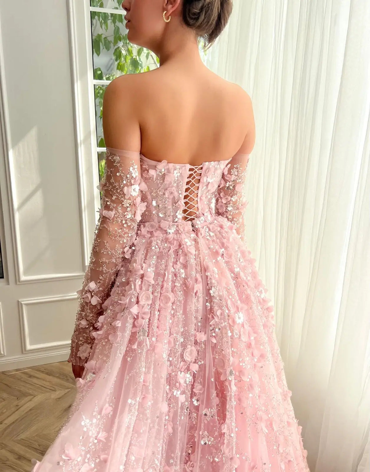 Elegant 3D Flowers Pink Evening Dress with Overskirt SS352