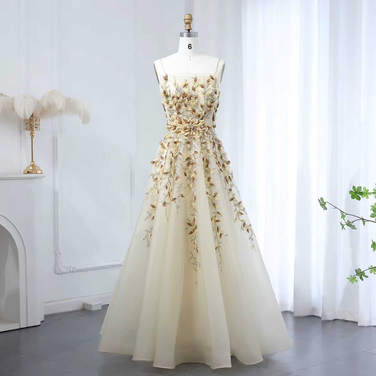 Elegant Beige Evening Dress with 3D Floral Embroidery SS362