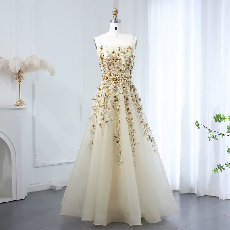Elegant Beige Evening Dress with 3D Floral Embroidery SS362