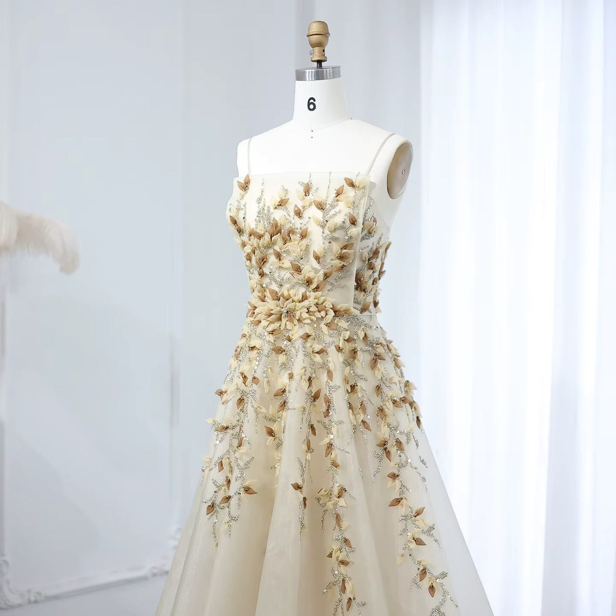 Elegant Beige Evening Dress with 3D Floral Embroidery SS362