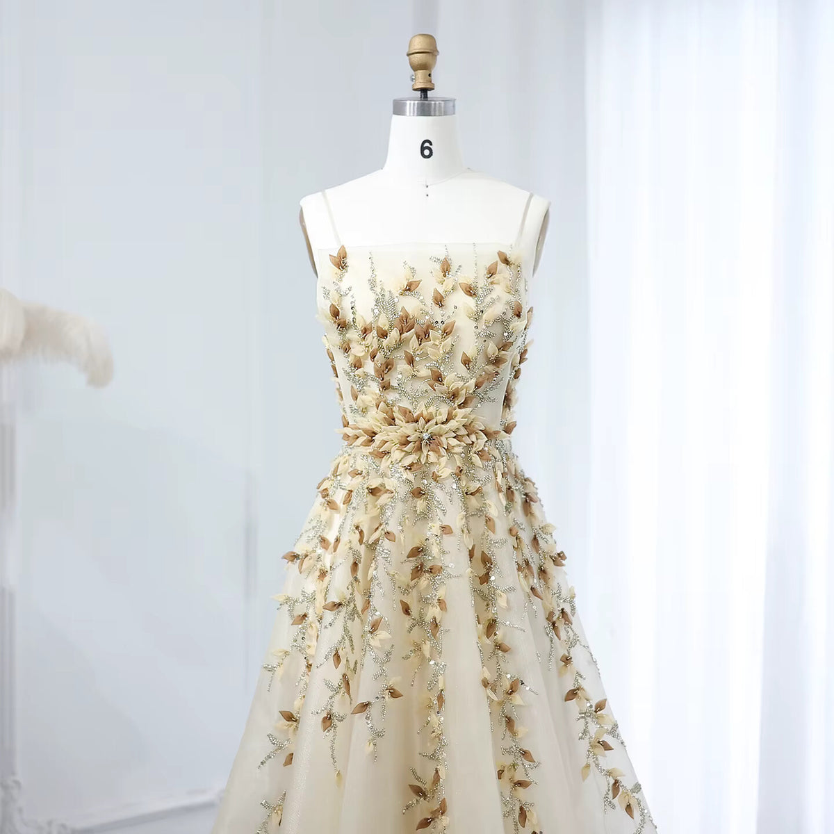 Elegant Beige Evening Dress with 3D Floral Embroidery SS362