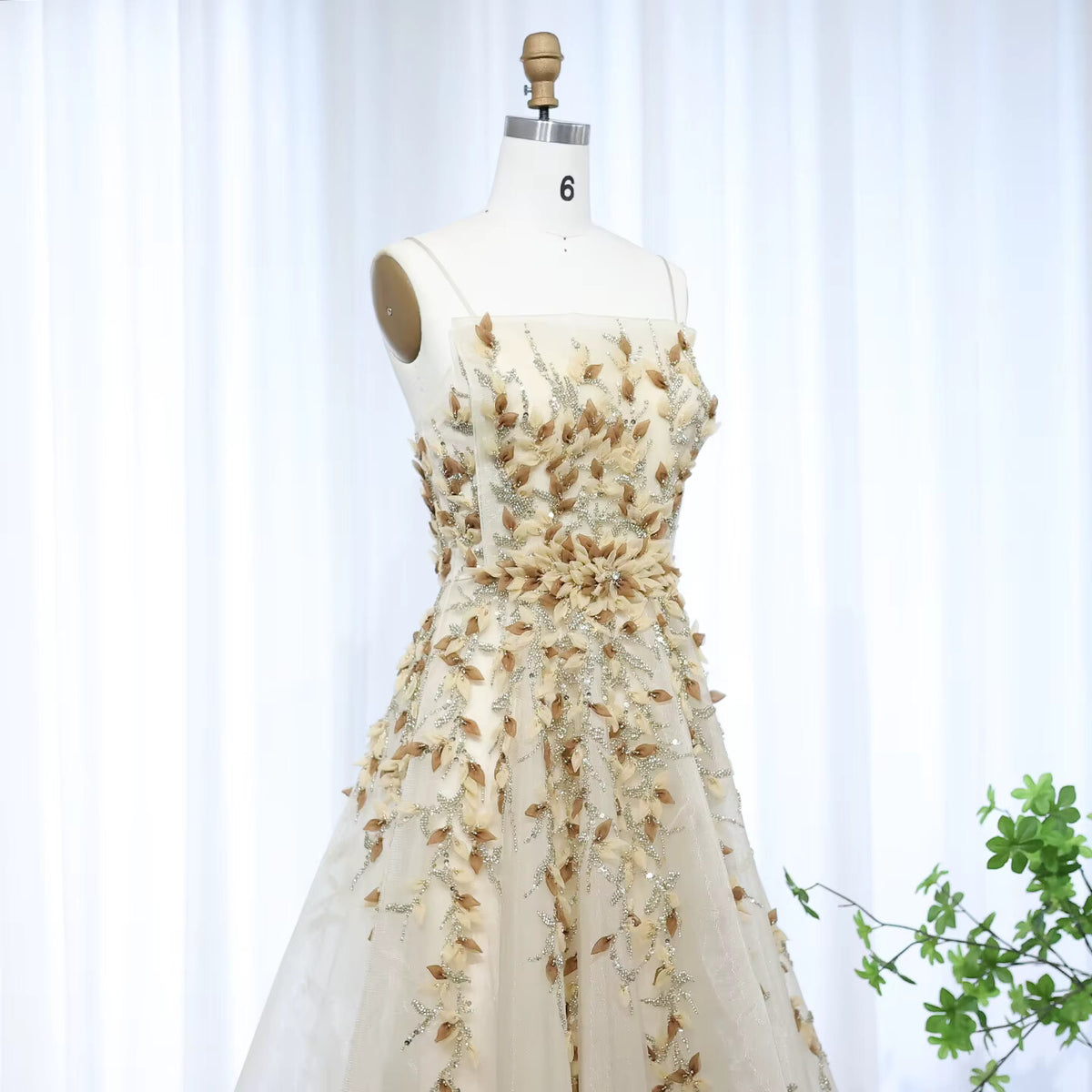 Elegant Beige Evening Dress with 3D Floral Embroidery SS362