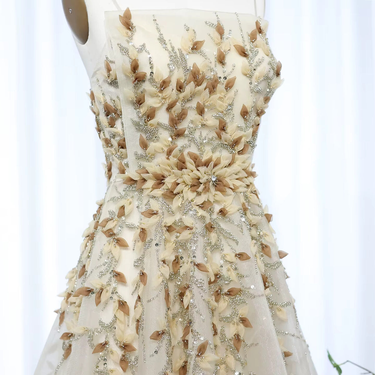 Elegant Beige Evening Dress with 3D Floral Embroidery SS362
