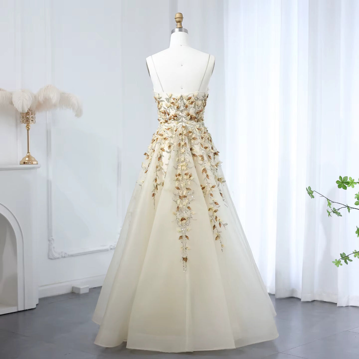 Elegant Beige Evening Dress with 3D Floral Embroidery SS362