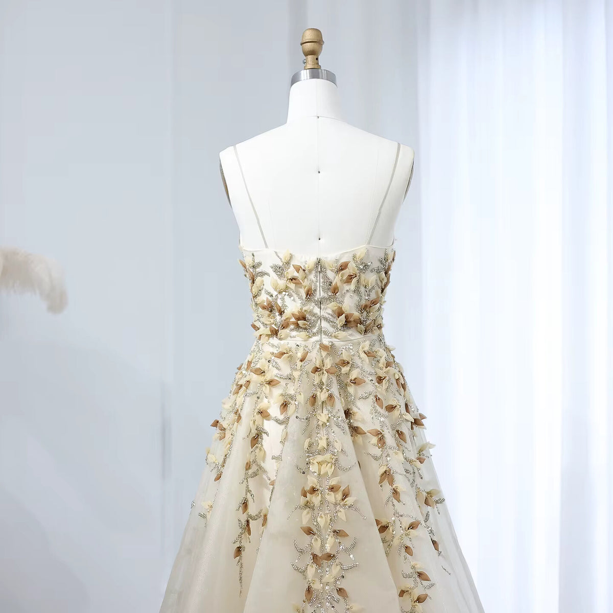 Elegant Beige Evening Dress with 3D Floral Embroidery SS362