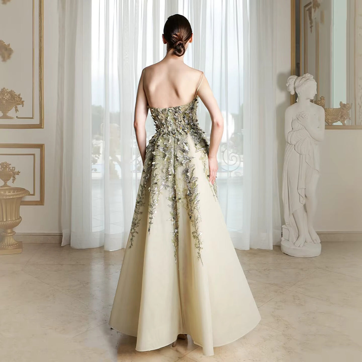 Elegant Beige Evening Dress with 3D Floral Embroidery SS362