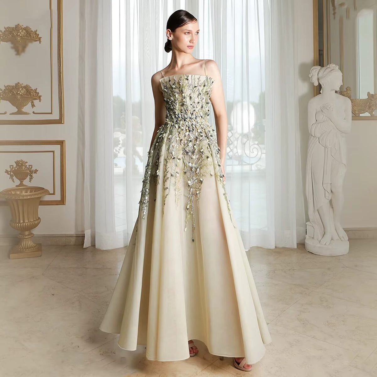 Elegant Beige Evening Dress with 3D Floral Embroidery SS362
