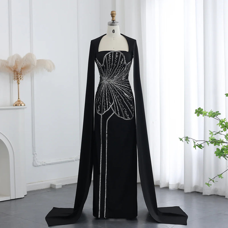 Elegant Black Beaded Evening Dress with Cape Sleeves SS275
