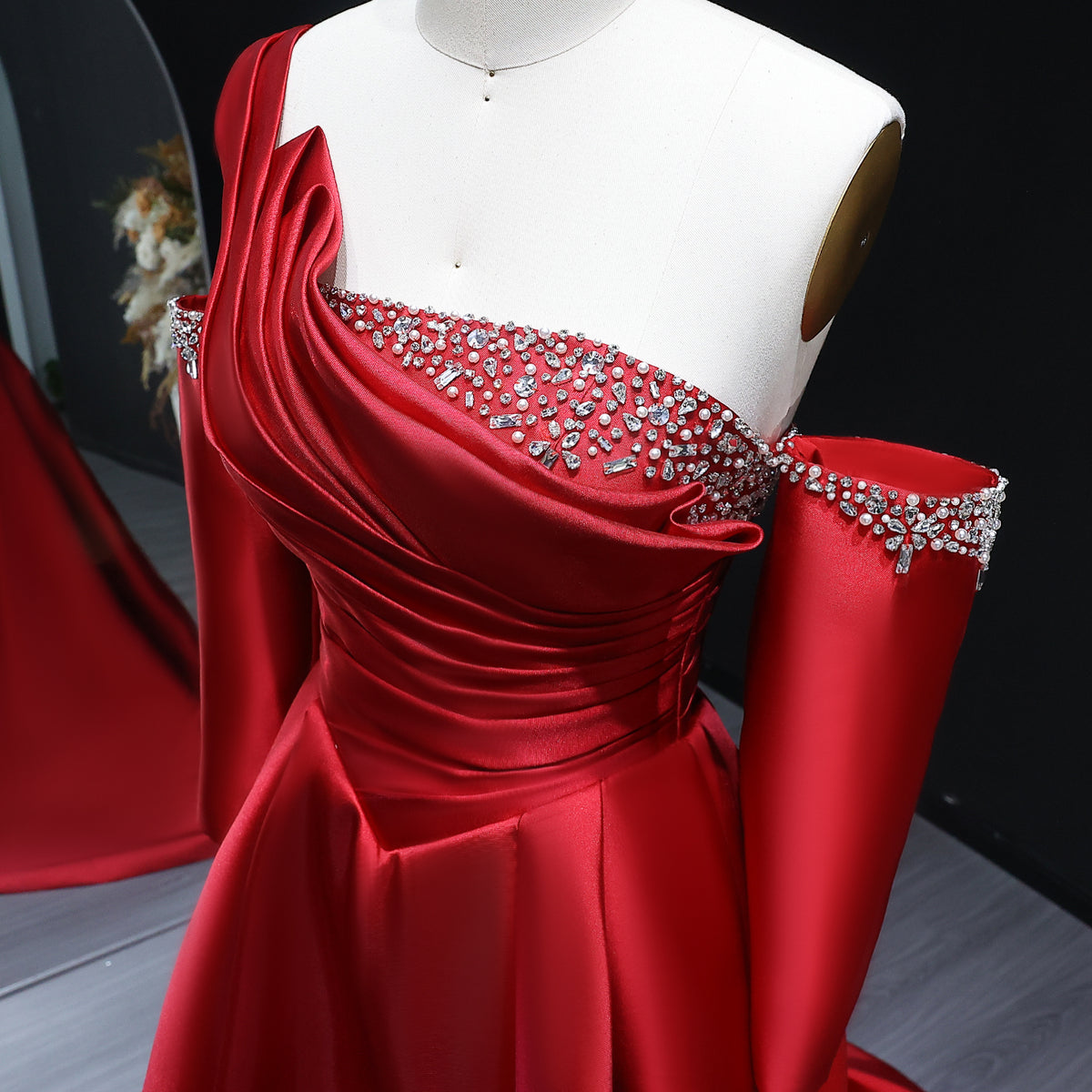 Elegant Black Satin Crystal One Shoulder Evening Dress SF272